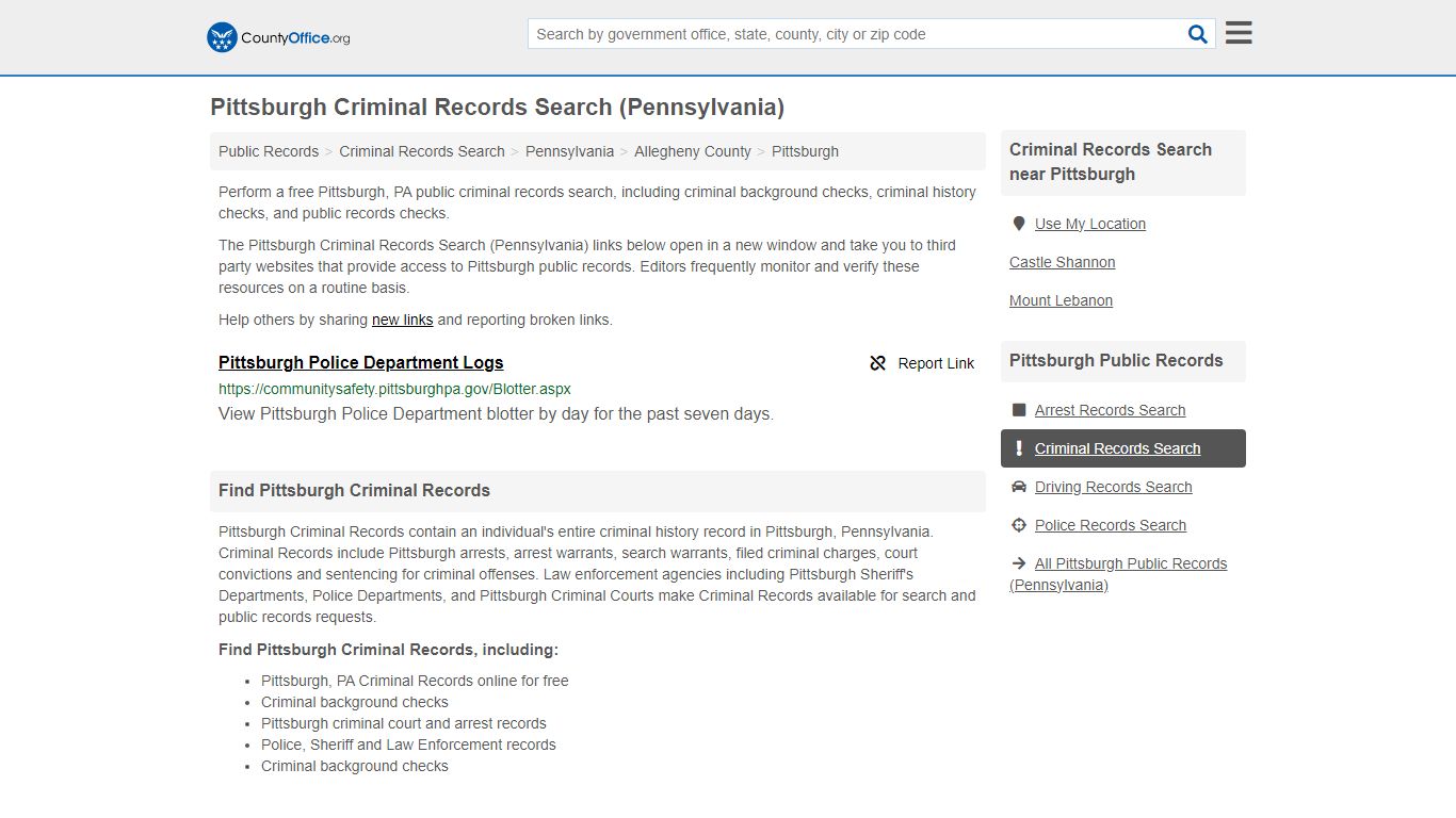 Pittsburgh Criminal Records Search (Pennsylvania) - County Office